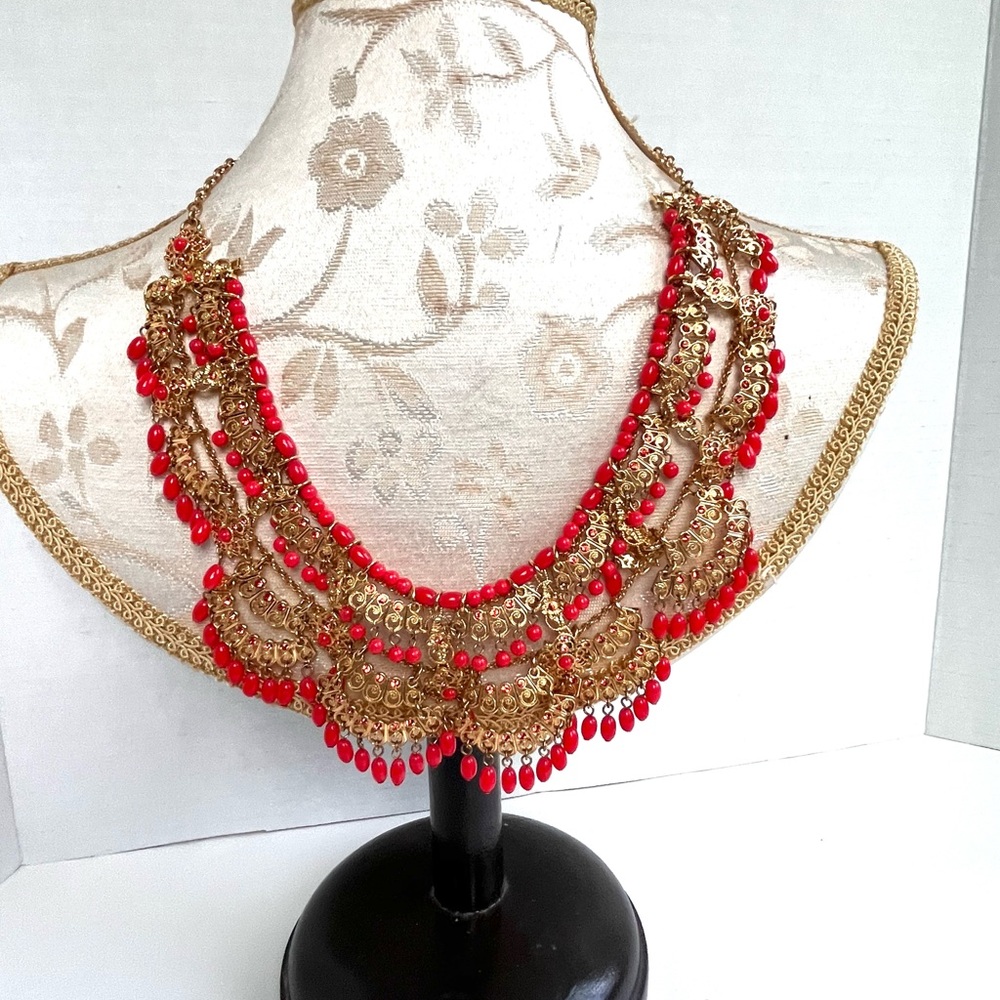 Joan Rivers Red Orange Beaded, Rhinestone and Gold Tiered  K